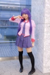 bakemonogatari blouse cosplay mochizuki_miuna pleated_skirt purple_hair school_uniform senjougahara_hitagi skirt thighhighs tie zettai_ryouiki rating:Safe score:1 user:pixymisa