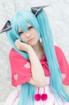 apron aqua_eyes aqua_hair bow cosplay dress harumiya_yun hatsune_miku twintails vocaloid rating:Safe score:0 user:pixymisa