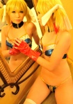 bikini blonde_hair cosplay fingerless_gloves gloves gundam gundam_0079_card_builder higurashi_rin mirror reiko_holinger swimsuit thighhighs twintails rating:Safe score:1 user:nil!