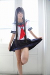 akiloveschool barefoot cosplay itsuki_akira original pleated_skirt sailor_uniform school_uniform skirt skirt_lift rating:Safe score:2 user:nil!