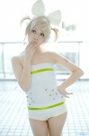 blonde_hair cosplay hairbow hair_clips headphones kagamine_rin one-piece_swimsuit pantyhose project_diva sheer_legwear swimsuit vocaloid yuyu_kaname rating:Safe score:3 user:nil!