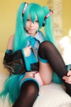 aqua_hair arai_yomi bed blouse cosplay detached_sleeves hatsune_miku headset panties pleated_skirt skirt skirt_lift thighhighs tie twintails vocaloid rating:Safe score:2 user:nil!