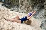 ayane_(doa) beach cosplay dead_or_alive headband one-piece_swimsuit purple_hair school_swimsuit swimsuit tachibana_minami rating:Safe score:0 user:nil!