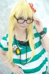 ahoge blonde_hair cosplay flower glasses hoshii_miki idolmaster looking_over_glasses necklace shima tshirt rating:Safe score:0 user:pixymisa