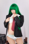 blazer blouse bookbag bra cosplay green_hair kochiya_sanae lenfried open_clothes panties pleated_skirt polka_dots school_uniform skirt thighhighs tie touhou zettai_ryouiki rating:Safe score:1 user:nil!