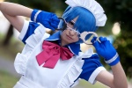 apron blue_hair cosplay dress eyepatch gloves hairband handcuffs ikkitousen maid maid_uniform mai_(ii) ryomou_shimei rating:Safe score:0 user:nil!