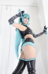 aira aqua_hair ass boots cosplay croptop detached_sleeves elbow_gloves gloves hatsune_miku headset pantyhose project_diva shorts thigh_boots thighhighs twintails vocaloid rating:Safe score:9 user:xkaras