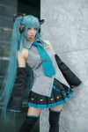 aqua_hair blouse cosplay detached_sleeves hatsune_miku headset mitsubachi_marie pleated_skirt skirt thighhighs tie twintails vocaloid zettai_ryouiki rating:Safe score:1 user:nil!