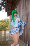 cosplay detached_sleeves green_hair kochiya_sanae lenfried miniskirt panties skirt skirt_lift socks touhou rating:Safe score:0 user:nil!