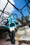 aqua_hair blouse cosplay detached_sleeves hatsune_miku headset pleated_skirt saku scene_ever_4 skirt skirt_lift thighhighs tie twintails vocaloid zettai_ryouiki rating:Safe score:1 user:nil!