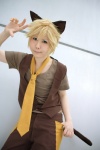 animal_ears blonde_hair cat_ears cosplay crossplay hatomune kagamine_len tail tie trousers tshirt vest vocaloid rating:Safe score:0 user:nil!