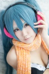 aqua_hair bikini_top cleavage cosplay ear_muffs hatsune_miku headset momoka_(ii) scarf swimsuit twintails vocaloid rating:Safe score:0 user:pixymisa