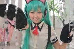 animal_ears aqua_hair blouse cat_ears choker cosplay hatsune_miku headset necoco necosmo paw_gloves project_diva suspenders twintails vocaloid rating:Safe score:0 user:nil!