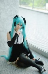 aqua_hair blouse cosplay detached_sleeves hairbows hatsune_miku headset jumper project_diva ryuga thighhighs twintails vocaloid zettai_ryouiki rating:Safe score:1 user:nil!
