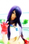 cosplay croptop fingerless_gloves gloves ikkitousen itsuki_akira kanu_unchou pleated_skirt purple_hair sailor_uniform school_uniform skirt rating:Safe score:0 user:nil!