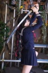 blood-c cosplay hair_ribbons katana kisaragi_saya kurosaki_shihomu miniskirt pleated_skirt sailor_uniform scarf school_uniform skirt sword twintails rating:Safe score:0 user:pixymisa