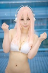 bikini cleavage cosplay momokawa_hina necklace nitro_super_sonic pink_eyes pink_hair super_soniko swimsuit rating:Safe score:4 user:pixymisa