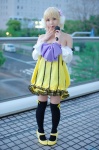 blonde_hair colorful_x_melody_(vocaloid) cosplay detached_sleeves dress ear_muffs kagamine_rin makoko microphone project_diva thighhighs vocaloid zettai_ryouiki rating:Safe score:3 user:nil!