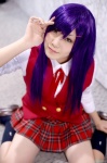 blouse cosplay hair_clip kakizaki_misa kanaezaki_shino mahou_sensei_negima! miniskirt plaid pleated_skirt purple_hair school_uniform skirt socks tie vest rating:Safe score:0 user:nil!