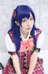 blouse blue_hair cosplay hairbow hozuki_rin idolmaster kisaragi_chihaya pleated_skirt school_uniform skirt thighhighs vest white_legwear rating:Safe score:0 user:nil!