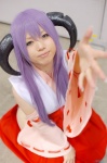 cosplay detached_sleeves hanyuu higurashi_no_naku_koro_ni horns miko pantyhose purple_hair yuzuko rating:Safe score:-1 user:nil!