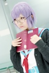 cardigan cosplay glasses looking_over_glasses mau nagato_yuki pleated_skirt purple_hair school_uniform skirt suzumiya_haruhi_no_yuuutsu rating:Safe score:1 user:pixymisa