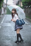 blouse bookbag karin_(iv) kneesocks pleated_skirt rain school_uniform skirt umbrella rating:Safe score:4 user:nil!