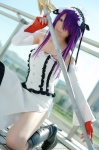 boots corset cosplay detached_sleeves fingerless_gloves glaive gloves hairband hair_ribbons ikkitousen kanu_unchou pantyhose purple_hair ryuuna skirt spear rating:Safe score:3 user:nil!