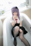 atsuki bathroom bathtub black_legwear blouse cosplay dagashi_biyori dagashi_kashi hairband pantyhose purple_hair shidare_hotaru skirt suspenders rating:Safe score:1 user:nil!