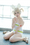 blonde_hair cosplay hairbow hair_clips headphones kagamine_rin one-piece_swimsuit pantyhose project_diva sheer_legwear swimsuit vocaloid yuyu_kaname rating:Safe score:0 user:nil!