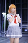 ahoge cosplay love_live!_sunshine!! naru orange_hair pleated_skirt sailor_uniform school_uniform skirt takami_chika rating:Safe score:0 user:nil!