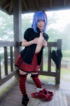 blouse blue_hair bonnet bow cleavage cosplay croptop lenfried miniskirt open_clothes remilia_scarlet skirt thighhighs touhou wings zettai_ryouiki rating:Safe score:2 user:nil!