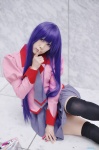 bakemonogatari blouse cosplay pleated_skirt purple_hair school_uniform senjougahara_hitagi skirt thighhighs yukimi_kanon zettai_ryouiki rating:Safe score:2 user:nil!