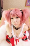 babydoll bed cleavage collar cosplay garter_belt hanamura_misaki kaname_madoka leash pink_hair puella_magi_madoka_magica thighhighs twintails rating:Safe score:0 user:nil!