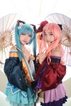 aqua_hair aza_(k_miyuko) cosplay kimono kim_tai_sik megurine_luka pink_hair satsuki_hana_(vocaloid) tomiaaaaaaa twintails vocaloid rating:Safe score:4 user:DarkSSA