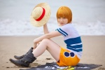 beach boots cosplay flag kuuya miniskirt nami_(one_piece) ocean one_piece orange_hair shorts skirt straw_hat tshirt rating:Safe score:2 user:nil!