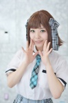 amami_haruka blouse cosplay hair_ribbons hazuki_riko idolmaster pleated_skirt school_uniform skirt tie rating:Safe score:0 user:nil!