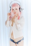 blouse cleavage cosplay denim headphones lollipop nekosawa_misato nitro_super_sonic pink_eyes pink_hair shorts super_soniko rating:Safe score:2 user:pixymisa