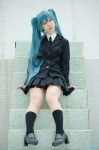 aqua_hair blouse cosplay hatsune_miku hirano_kurita kneesocks pleated_skirt saihate_(vocaloid) school_uniform skirt tie twintails vocaloid rating:Safe score:3 user:nil!