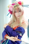 bra chopsticks cleavage cosplay hair_ornament kimono macross macross_frontier multi-colored_hair open_clothes pipe sachi_budou sheryl_nome rating:Safe score:1 user:nil!