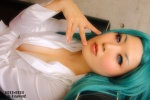 blouse cleavage cosplay green_hair morrigan_aensland open_clothes otomaru vampire_(game) rating:Safe score:4 user:nil!
