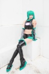 aira aqua_hair boots cosplay croptop elbow_gloves gloves hair_ribbon hatsune_miku headset project_diva shorts thigh_boots thighhighs twintails vocaloid rating:Safe score:1 user:pixymisa