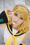 blouse cosplay detached_sleeves hairbow hair_clips headset hiokichi kagamine_rin vocaloid rating:Safe score:3 user:nil!