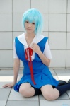 ayanami_rei blouse blue_hair cosplay jumper kneesocks mako neon_genesis_evangelion pantyhose school_uniform rating:Safe score:0 user:nil!