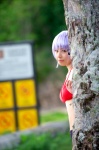 ayane_(doa) bikini_top cleavage cosplay dead_or_alive denim headband purple_hair shorts swimsuit tachibana_minami rating:Safe score:0 user:nil!