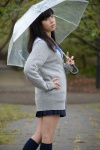 blouse braid cardigan kneesocks nanaka_amanonanae pleated_skirt rain scarf skirt umbrella rating:Safe score:0 user:pixymisa