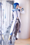 blue_hair boots coat cosplay crossplay default_costume kaito kanayo microphone midriff scarf trousers vocaloid rating:Safe score:0 user:nil!