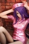 black_legwear cosplay dress ikkitousen kanu_unchou kibashi nurse nurse_cap nurse_uniform pantyhose purple_hair rating:Safe score:3 user:nil!