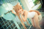animal_ears cosplay horo pantyhose red_eyes rococo sheer_legwear spice_and_wolf swimsuit tail wolf_ears rating:Safe score:6 user:pixymisa