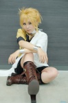 blonde_hair boots choker cosplay crossplay furukawa_hinata kagamine_len kneesocks pygmalion_(vocaloid) shorts toga tshirt vocaloid rating:Safe score:0 user:nil!